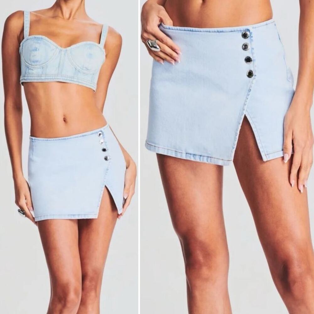 Retrofete Light Blue Denim Mini Skirt with Front Slit